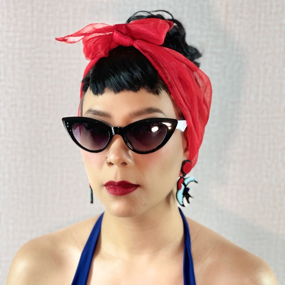 Red Retro 50'S Vintage Style Sheer Tulle Head Scarf  Wrap Bandana Neckerchief - Picture 3 of 5